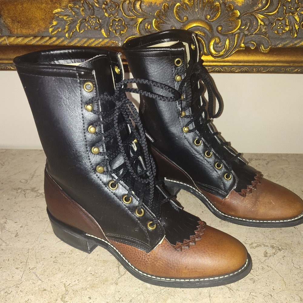 Black and Brown Leather Lace-Up Boots. MADE IN THE USA
